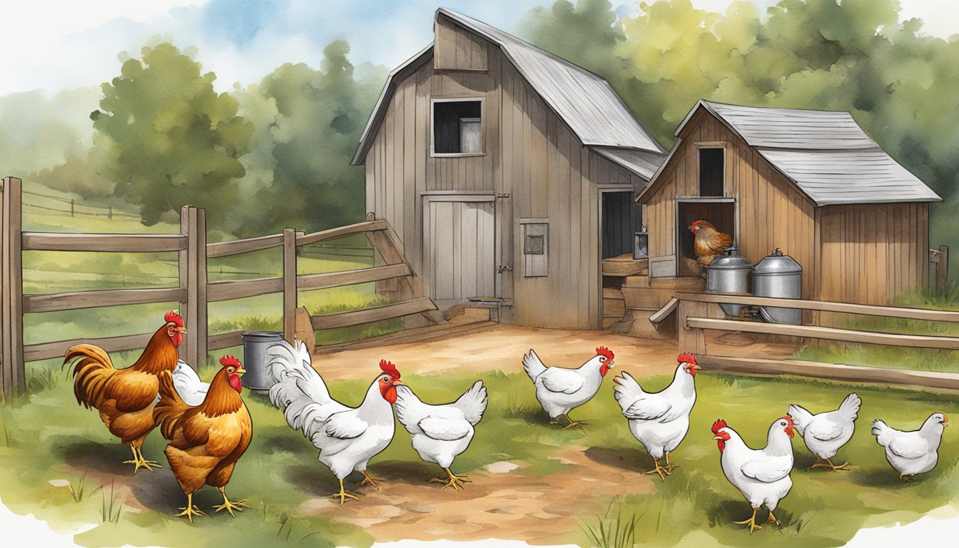 A group of chickens peck at various DIY feeders and waterers in a rustic barn setting, showcasing efficient poultry care