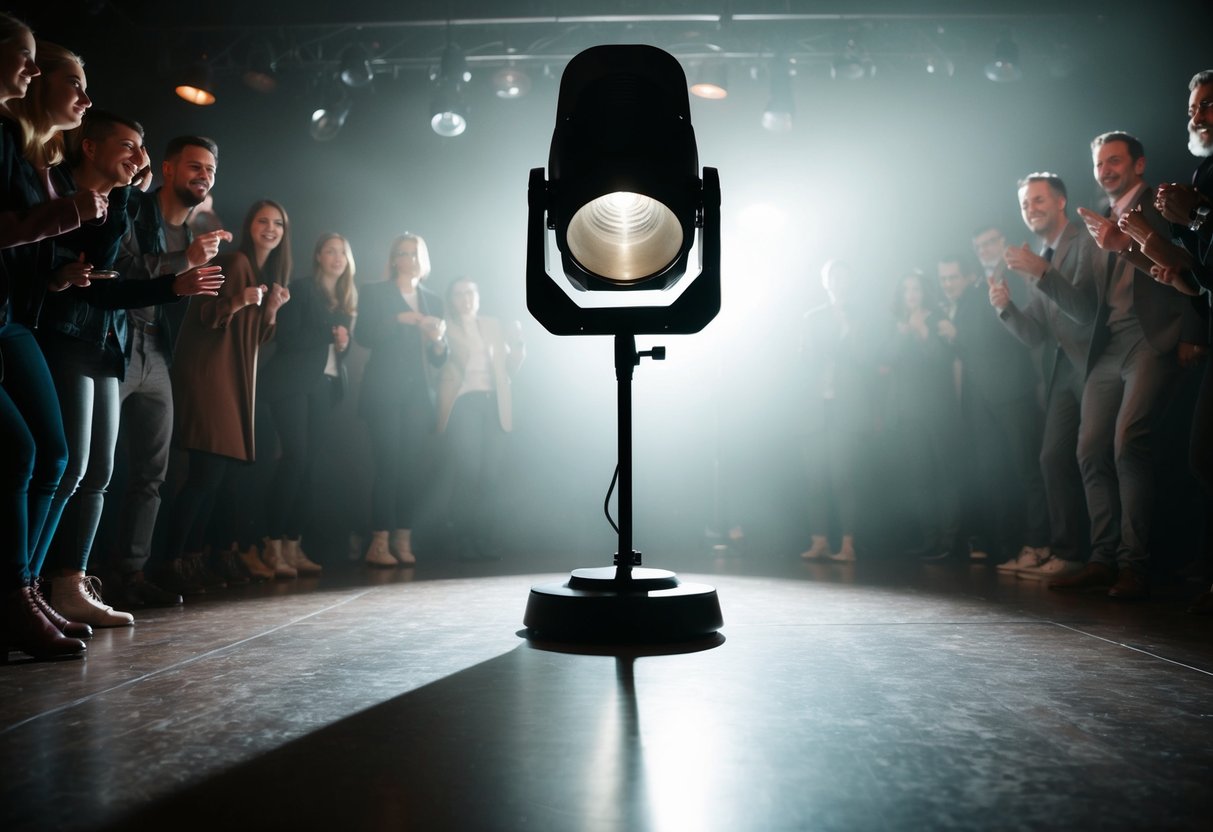 A spotlight illuminates the empty dance floor, surrounded by eager onlookers