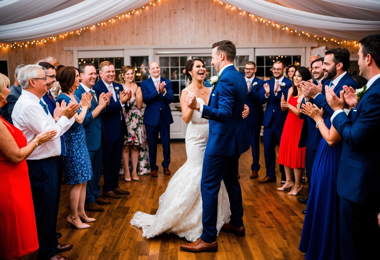 Guests gather in a circle, clapping and cheering as the newlyweds take the floor for their first dance
