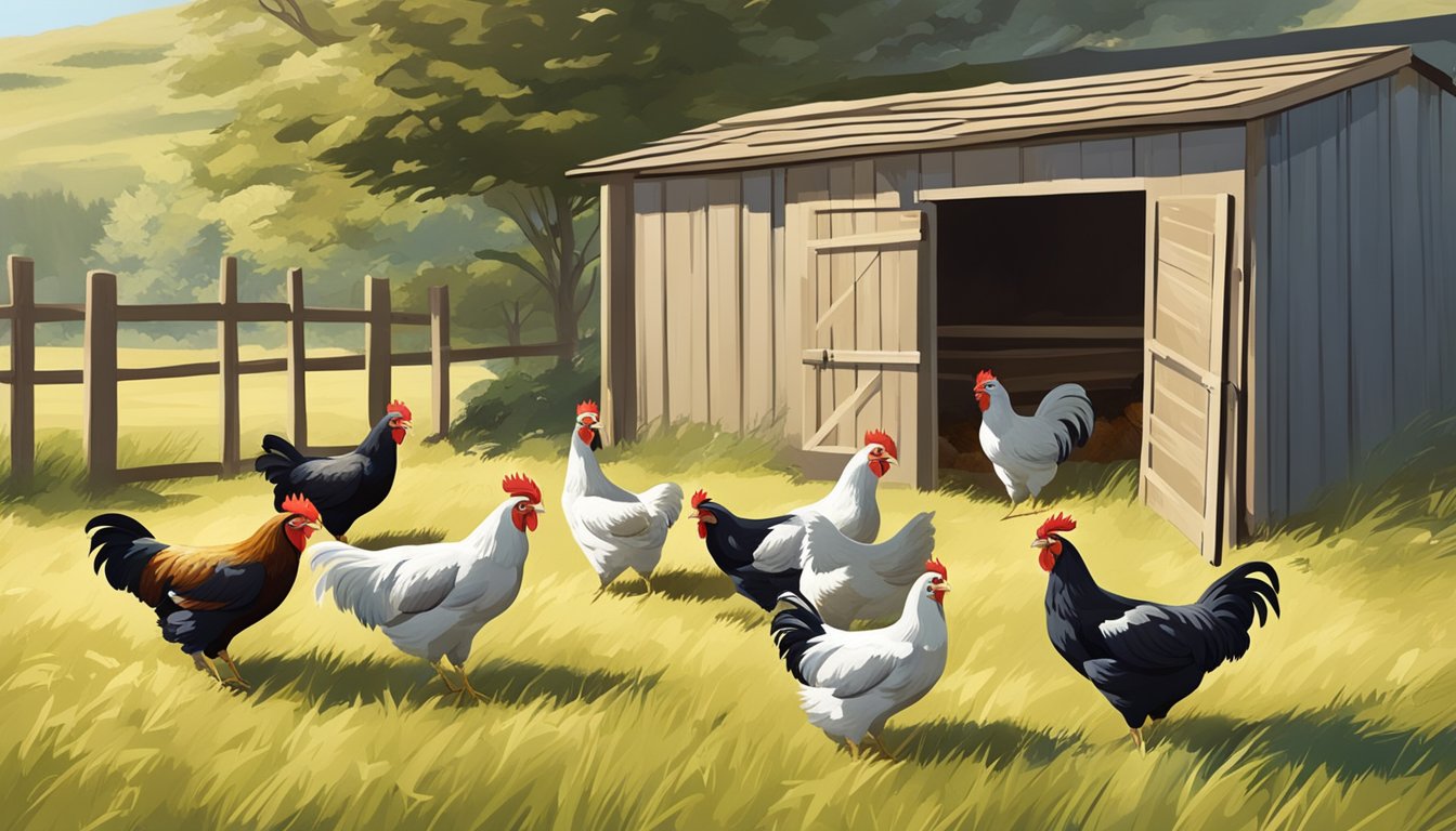 A flock of Cornish Cross chickens grazing in a spacious, sunny pasture, with a sturdy coop in the background