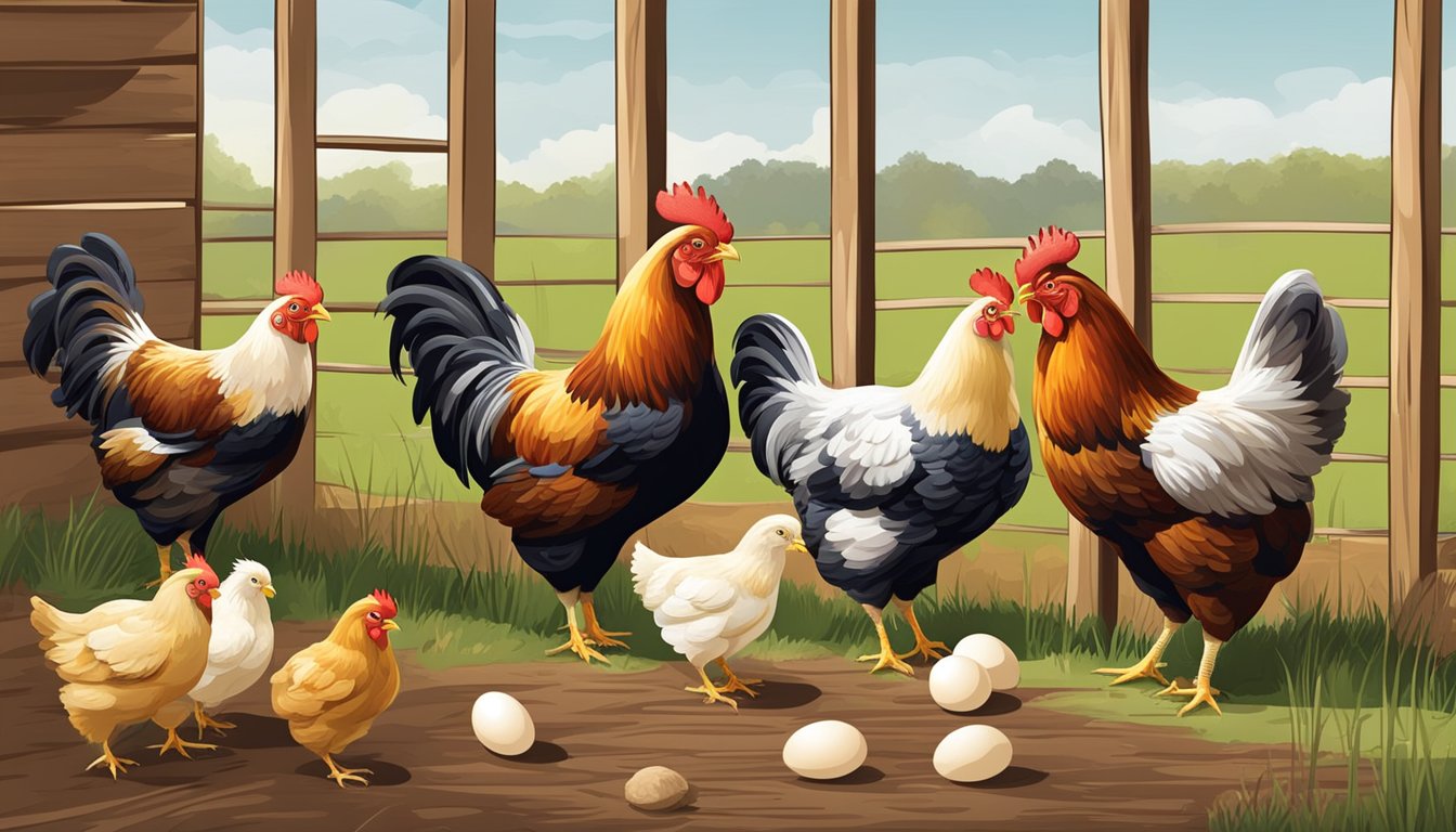 A rustic farm setting with five different chicken breeds in a coop, each laying eggs