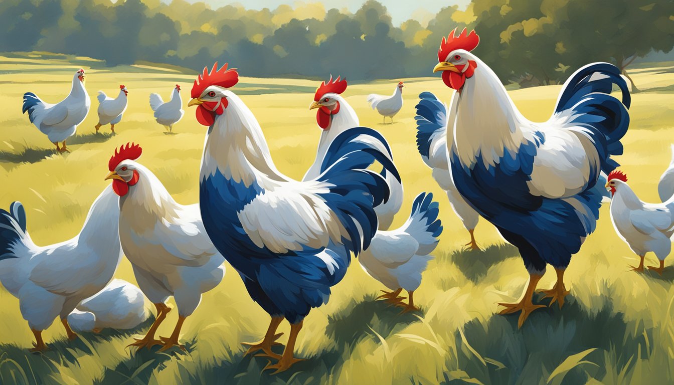 A flock of Bresse chickens roam a spacious, sunlit pasture, showcasing their robust build and distinctive blue legs