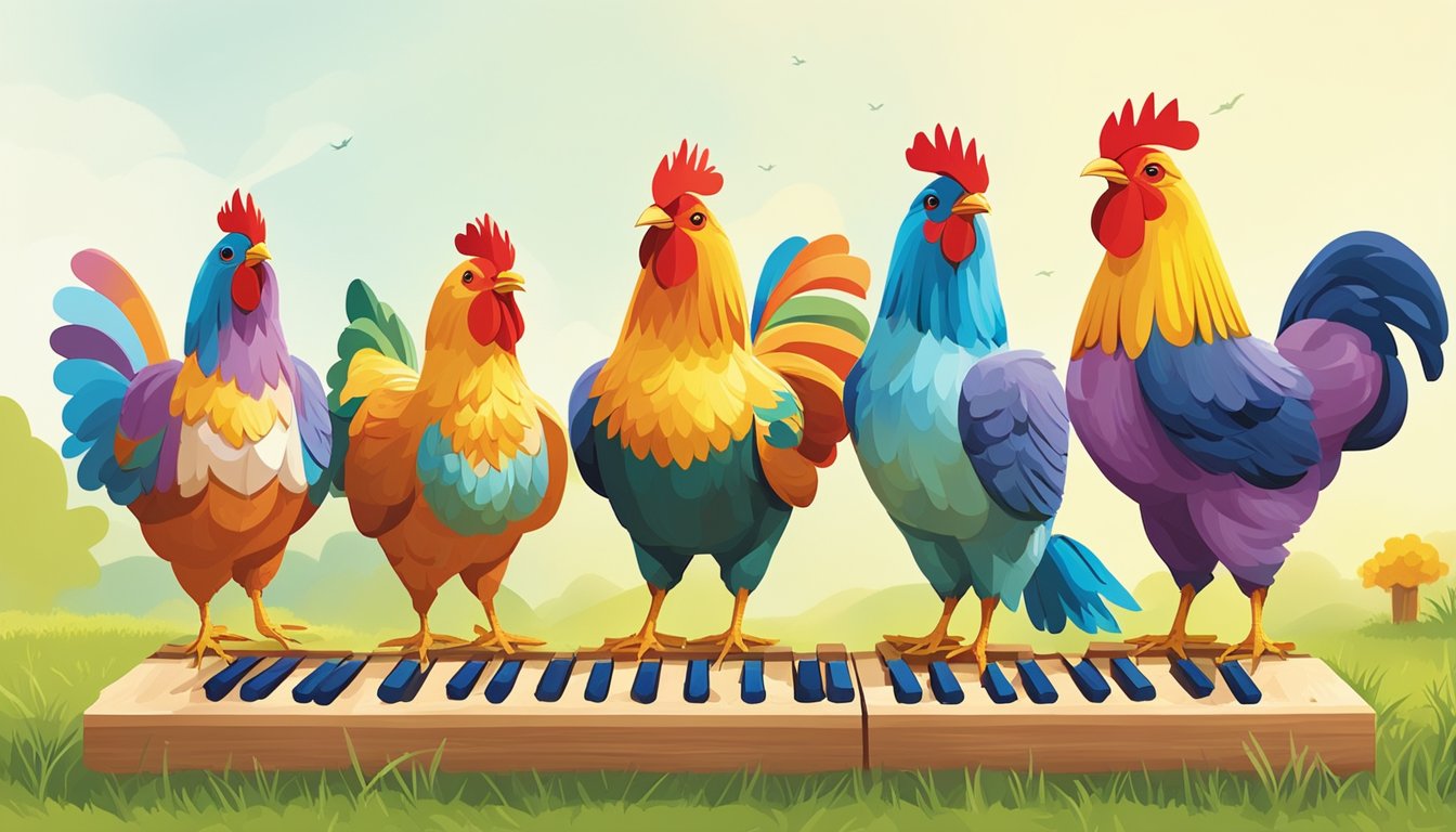 A group of colorful chickens peck at a xylophone made of various sized wooden blocks, creating cheerful music in a sunny, grassy yard