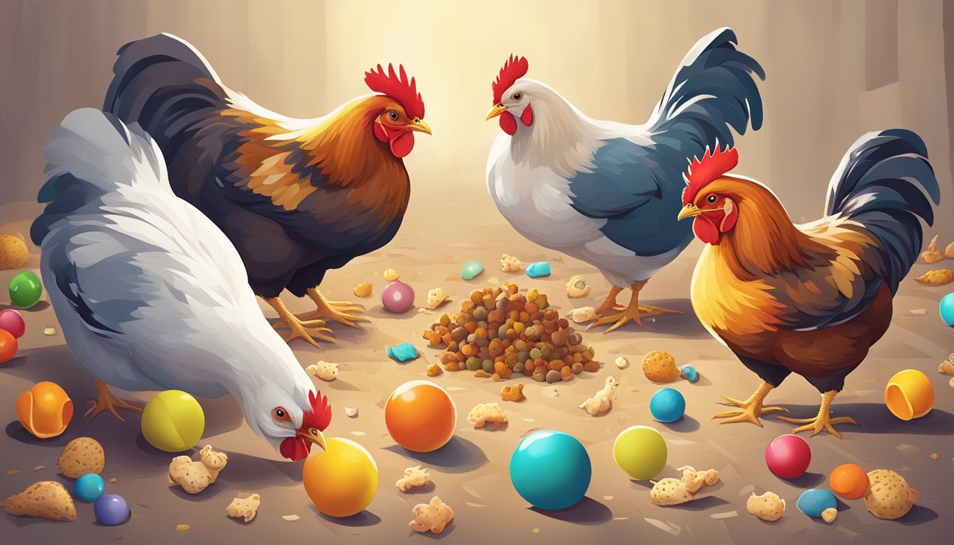 A group of chickens peck at a variety of homemade toys scattered across the ground, including a foraging ball filled with treats