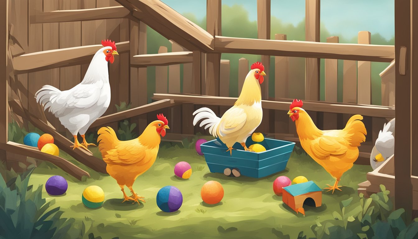 A group of chickens playing with homemade toys in their coop