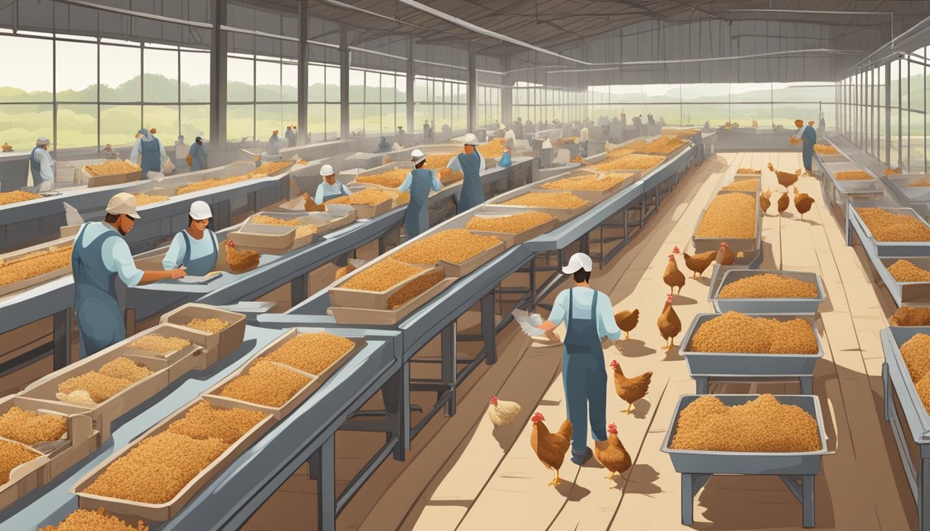 A bustling chicken farm with multiple coops housing different breeds. Workers tending to the birds and collecting eggs. Busy processing area with workers preparing meat for distribution