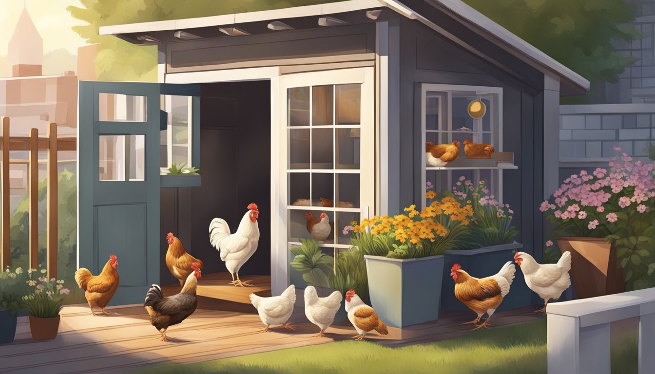 A cozy urban apartment with a small outdoor space, featuring a variety of compact chicken breeds happily pecking and scratching in a well-maintained coop