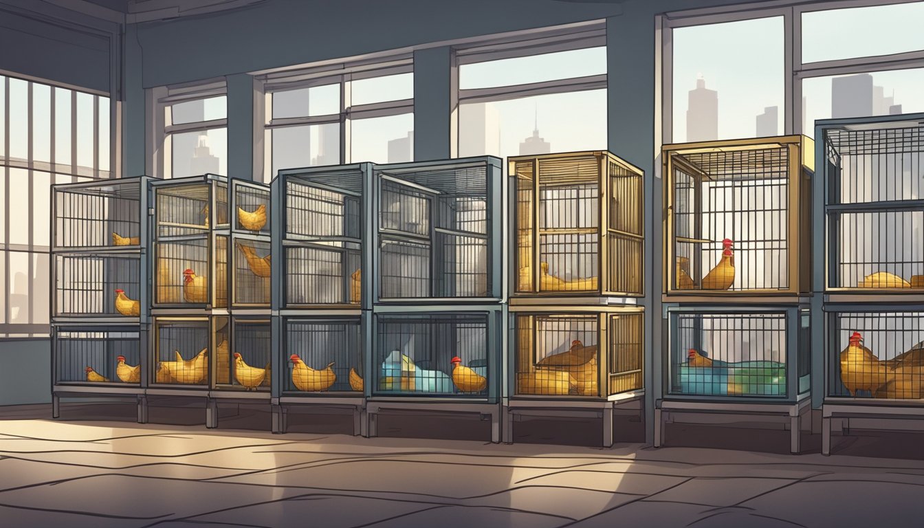 A small urban apartment with a row of sturdy cages housing a variety of chickens. City skyline visible through the window