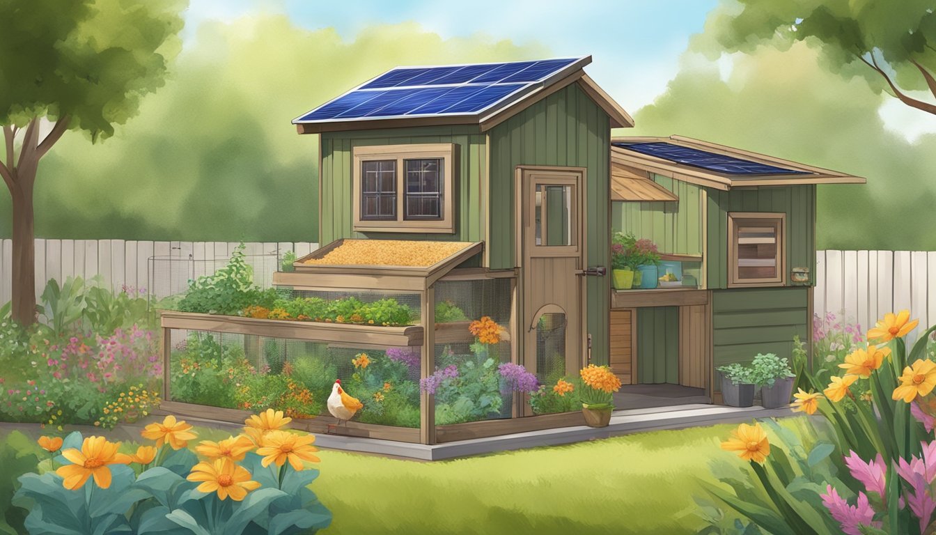 Colorful chicken coop with solar panels, rainwater collection, and natural insulation. Surrounding garden with native plants and composting area