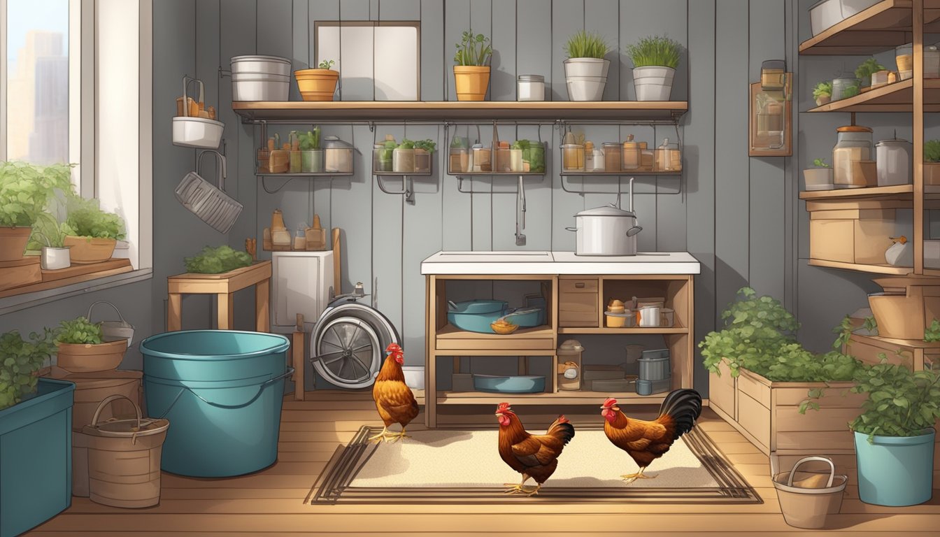 A cozy urban apartment with a small corner dedicated to raising chickens, featuring absorbent bedding, feeders, waterers, and other necessary equipment