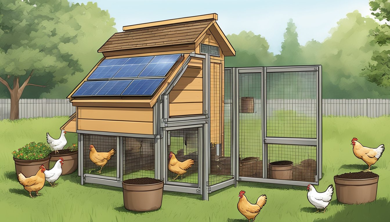 A chicken coop with a composting system, solar panels, rain barrels, a green roof, natural lighting, and recycled materials