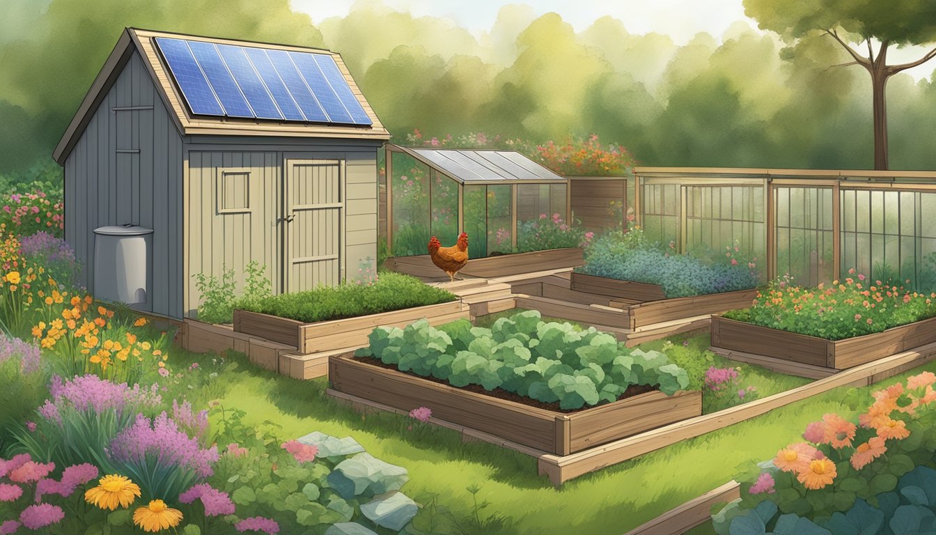 A chicken coop with a lush green roof, surrounded by a compost bin, solar panels, rain barrels, and a garden with native plants