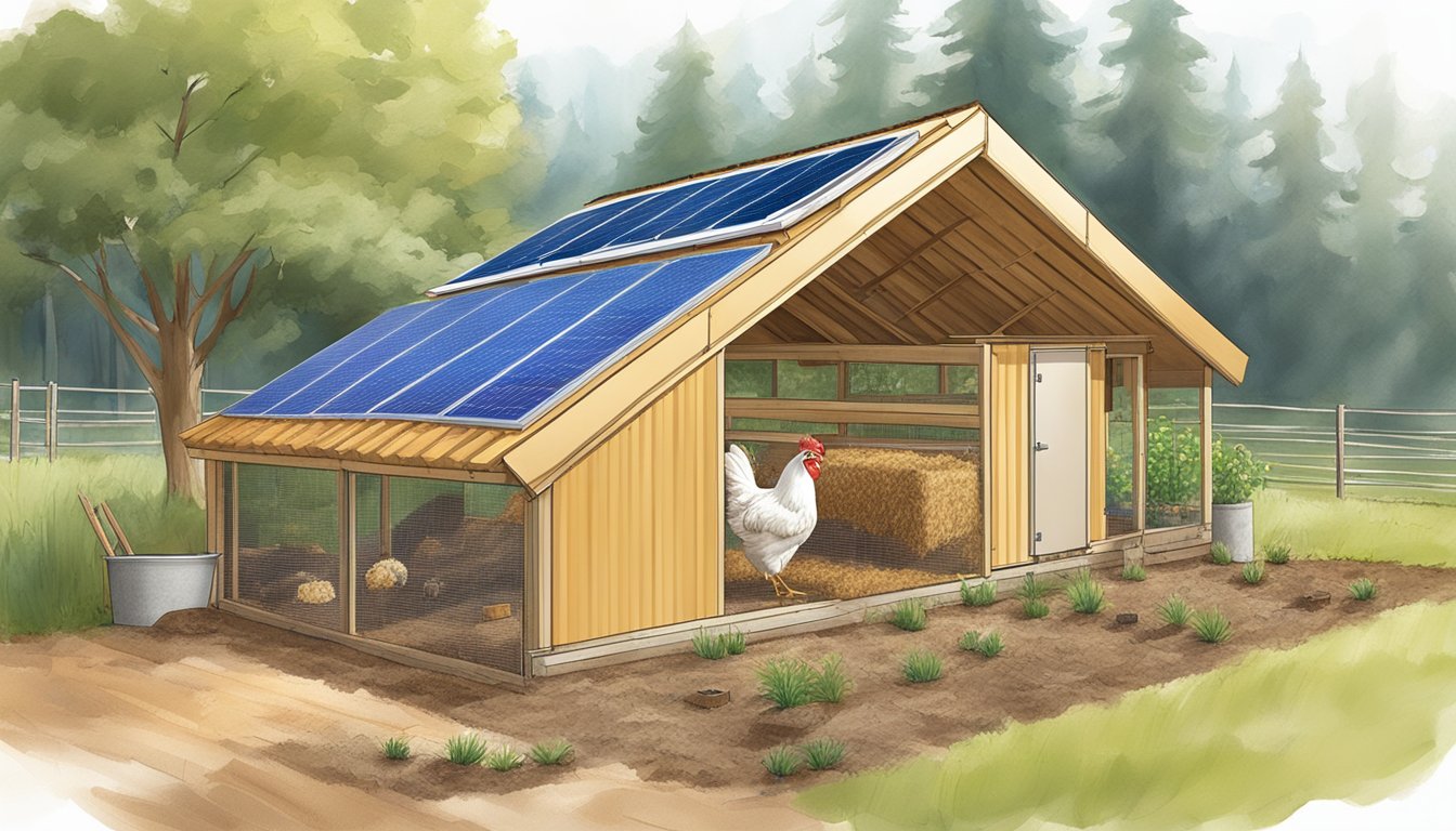 A chicken coop made of straw bale insulation, surrounded by a composting area, rainwater collection system, and solar panels