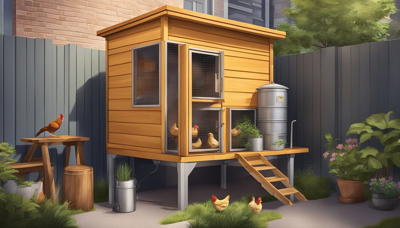 A small urban apartment with a cozy chicken coop built into a corner. A variety of nutritious feed and water dispensers are set up, along with a small outdoor space for the chickens to roam