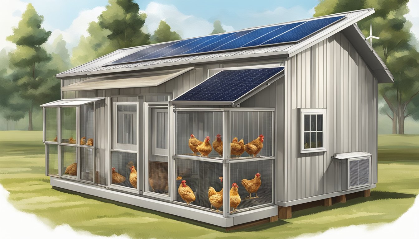 The chicken coop is surrounded by open windows, a large door, and a roof vent, allowing for ample natural ventilation. A wind turbine and solar panels are visible on the roof