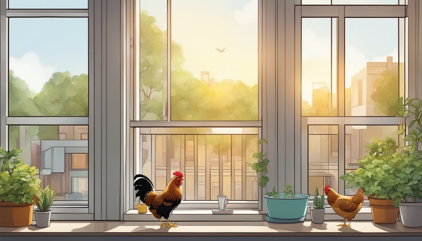 A small urban apartment with a coop near a sunny window. Chickens peck at feed and drink from a waterer