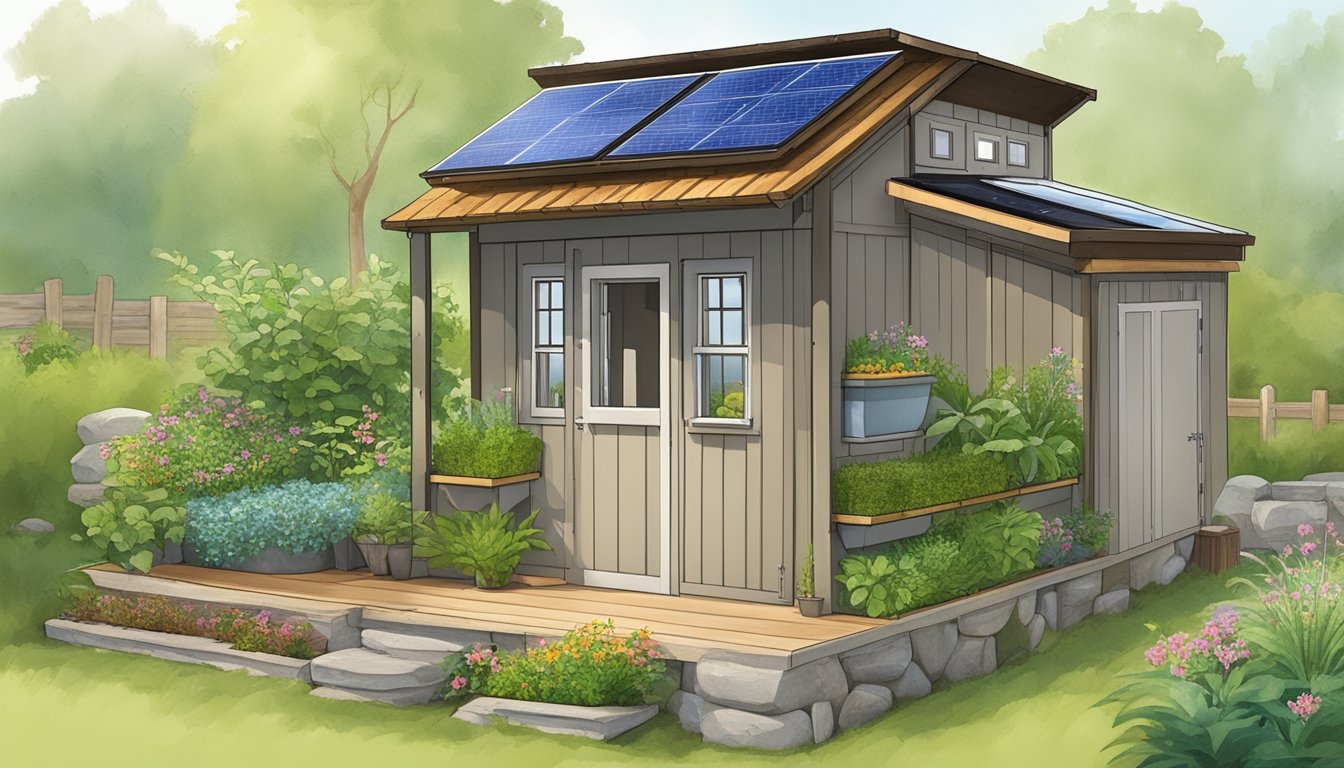 A chicken coop with a lush living wall, solar panels, rainwater collection system, composting area, and natural ventilation