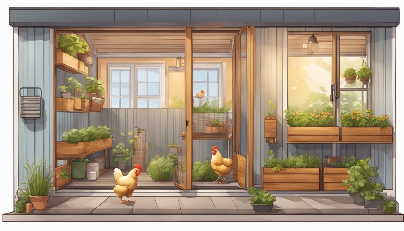 A cozy urban apartment with a small chicken coop, feeding and watering stations, and a clean, organized space for safe handling and care of the chickens