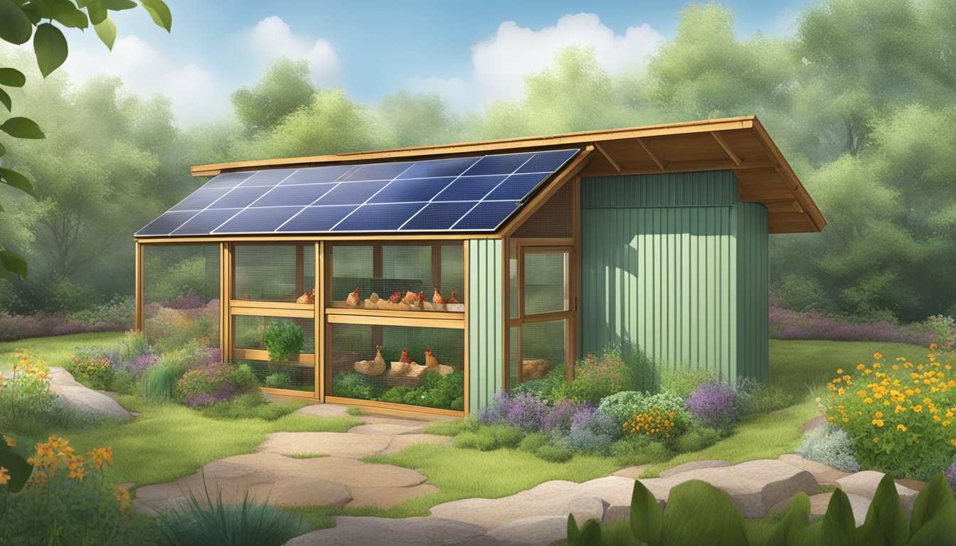 A chicken coop with a green roof, rainwater collection system, composting area, solar panels, natural ventilation, and integrated plantings