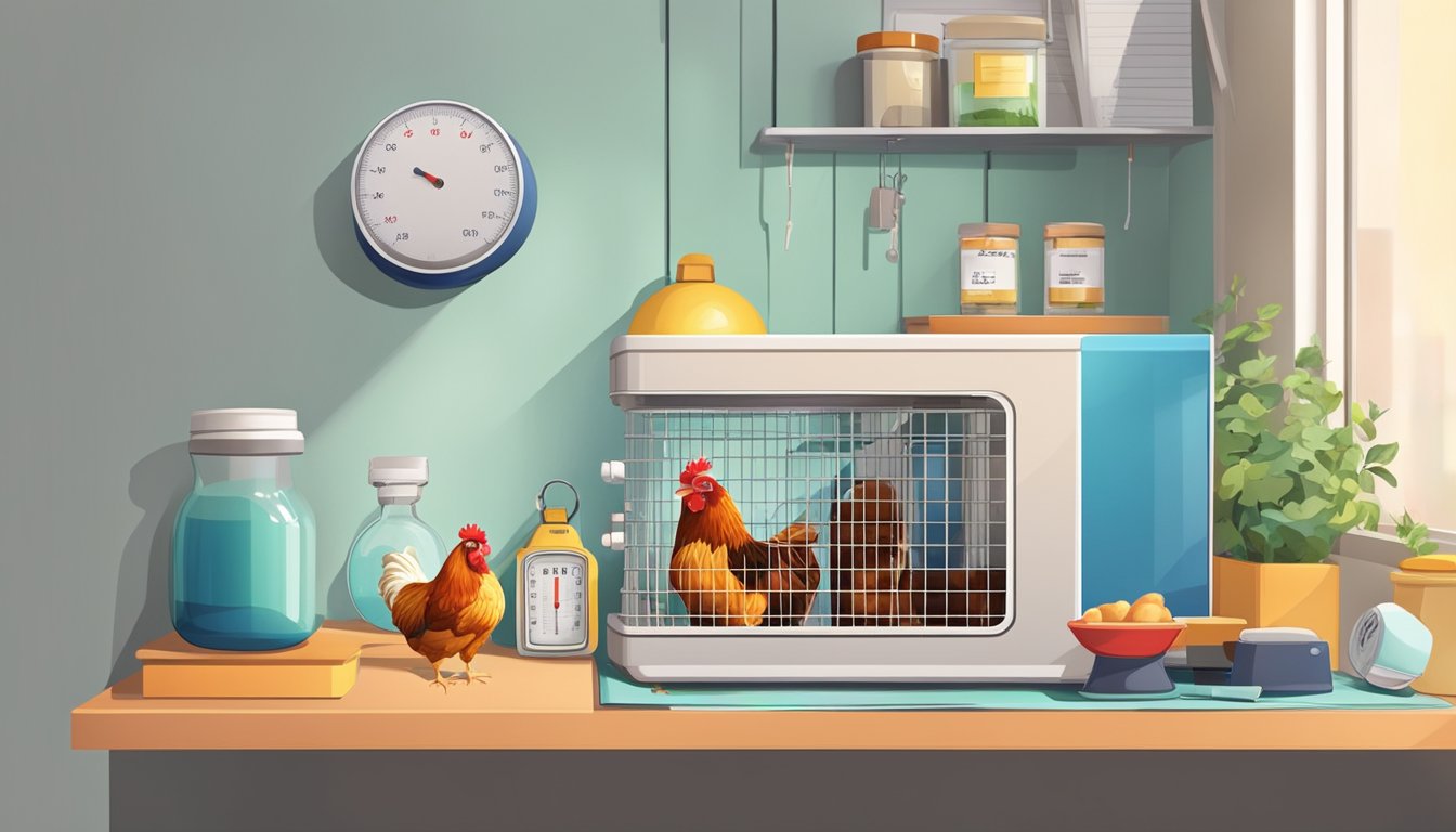 A small urban apartment with a cozy corner dedicated to monitoring the health of chickens. A digital scale, thermometer, and first aid kit sit on a shelf next to a cage