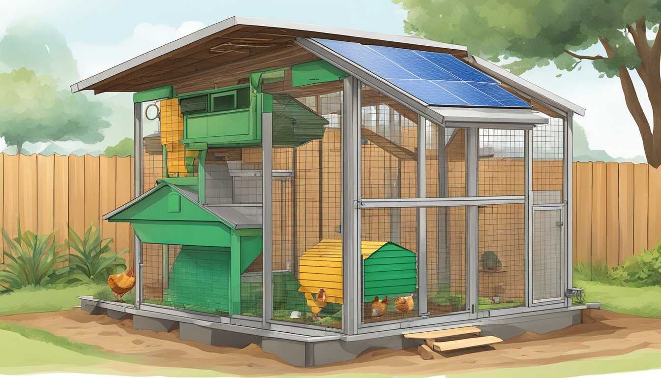 An eco-friendly chicken coop with solar panels, rainwater collection system, composting area, and natural ventilation