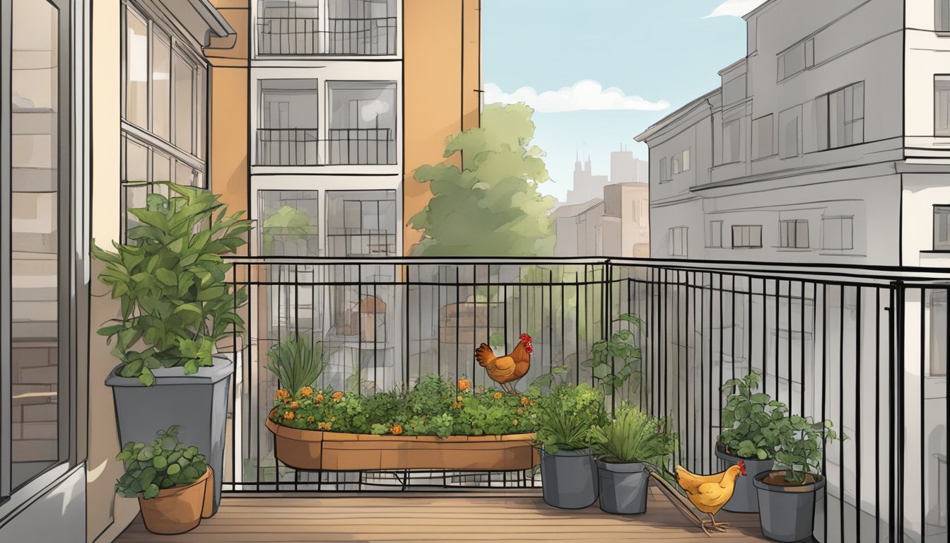 An urban apartment balcony with a small coop, potted plants, and a makeshift chicken run, showcasing the challenges of raising chickens in a city setting