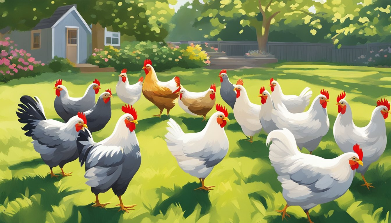 A flock of urban chickens roam freely in a lush backyard, pecking at the ground and basking in the sunlight. Their vibrant feathers and healthy appearance reflect the benefits of free ranging, including improved egg quality