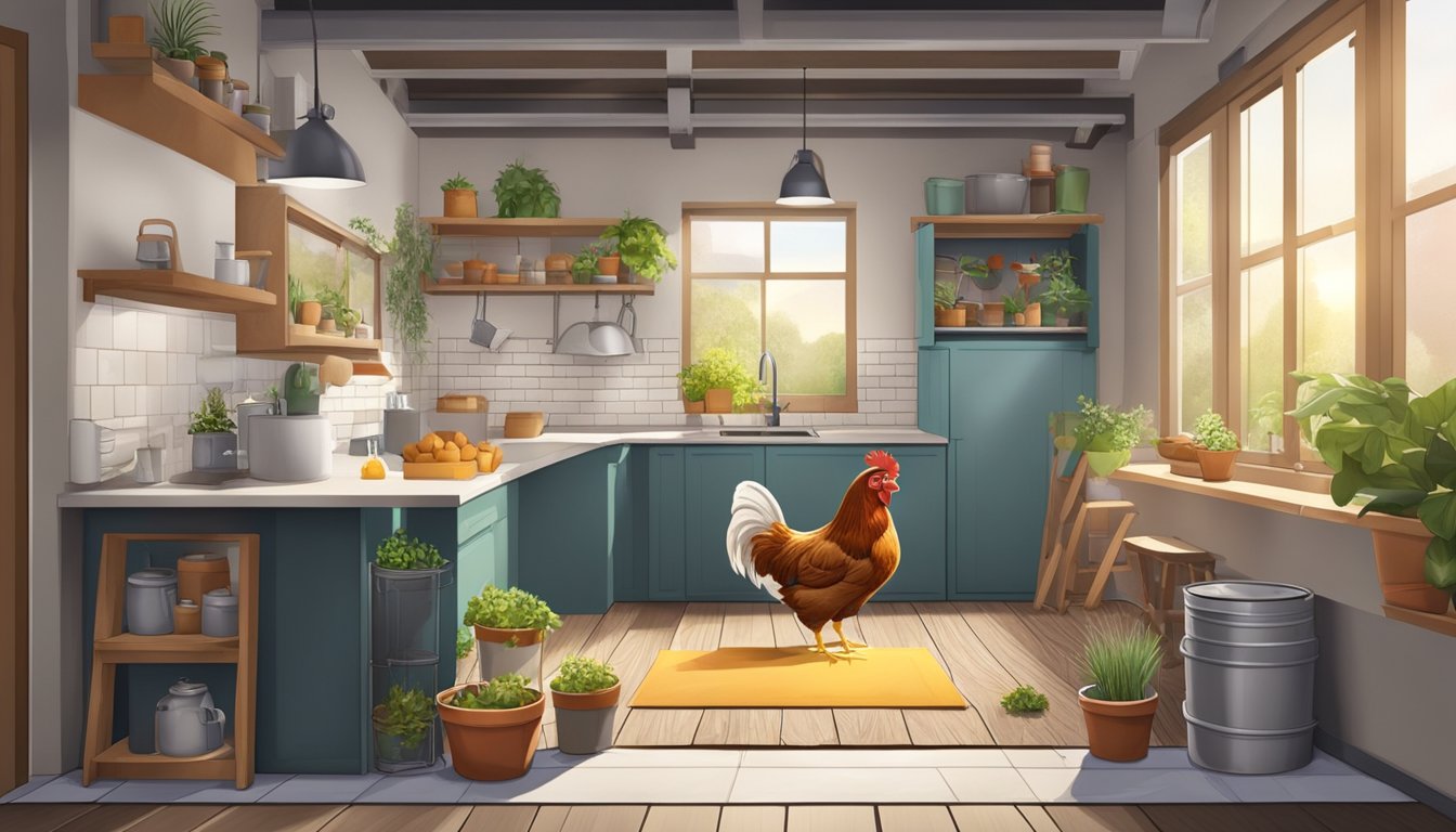 A small urban apartment with a cozy corner dedicated to raising chickens. The scene includes essential supplies and equipment such as a chicken coop, feeders, waterers, and bedding