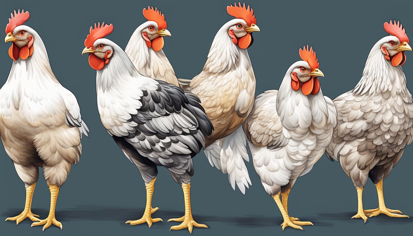 A variety of chicken breeds stand in a row, each with a unique appearance and size. They are surrounded by various training equipment and tools