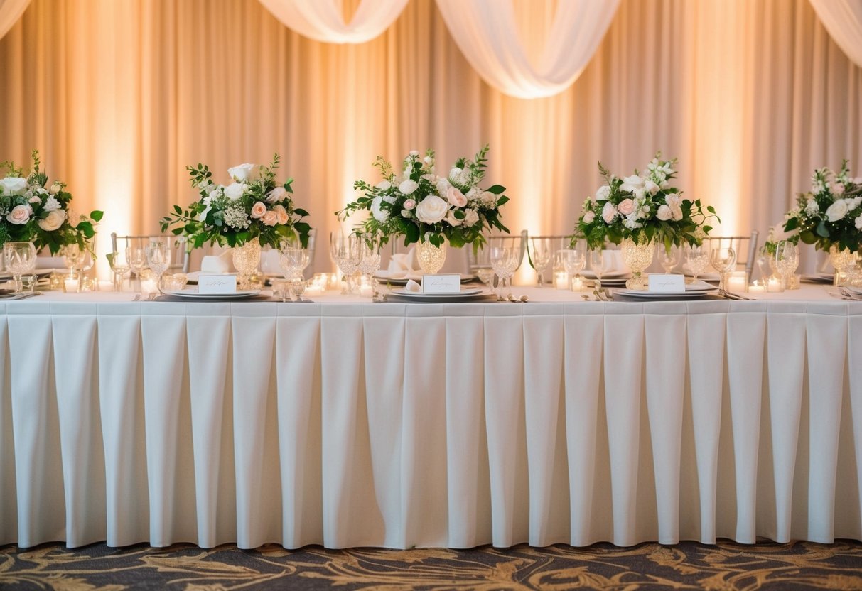 The top table at the wedding is adorned with elegant floral centerpieces and sparkling glassware, set against a backdrop of soft candlelight and draped fabric