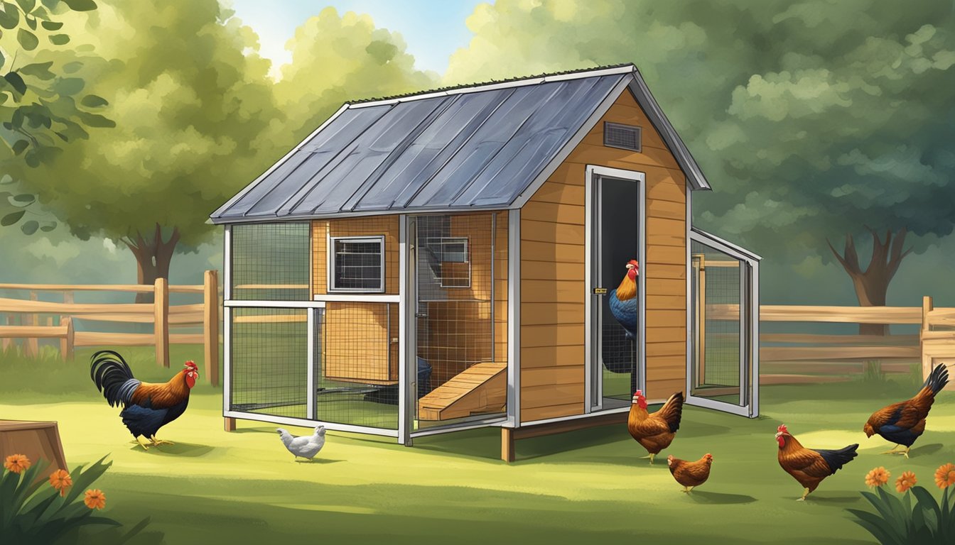 A farmer constructs a sturdy chicken coop, adding a secure door and nesting boxes. Chickens roam freely in a fenced yard