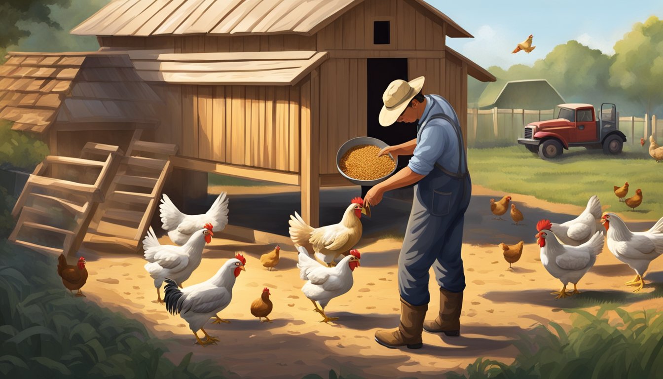 A farmer pouring high-quality feed into a chicken coop as the chickens eagerly gather around to eat