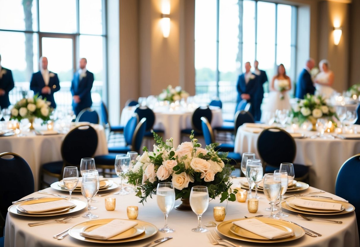 A beautifully decorated top table at a wedding reception, with elegant place settings and floral centerpieces, awaits the arrival of the bride, groom, and their closest family and friends