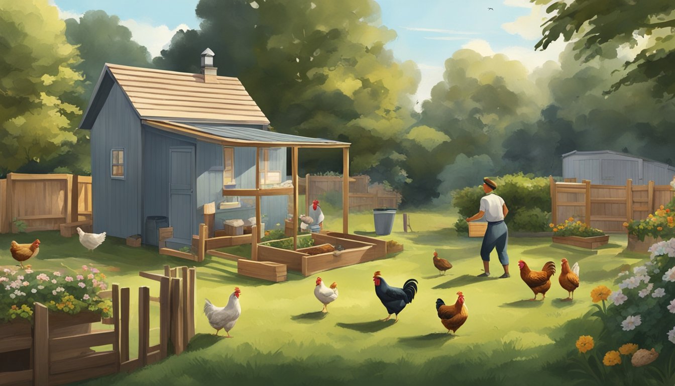 A backyard with a small coop and several chickens roaming freely. A person is checking on the chickens' health, while others are tending to the coop and surrounding area