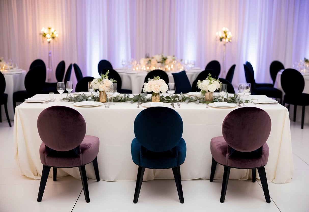 A wedding reception with a top table featuring alternative seating options such as plush armchairs, velvet ottomans, and sleek bar stools