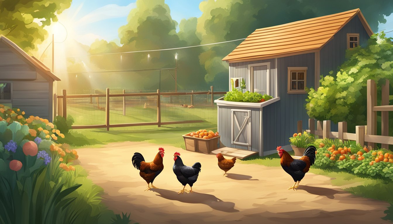 A backyard with a chicken coop, fresh vegetables, grains, and water. Chickens roaming freely in a clean and spacious area. Sunshine and greenery in the background