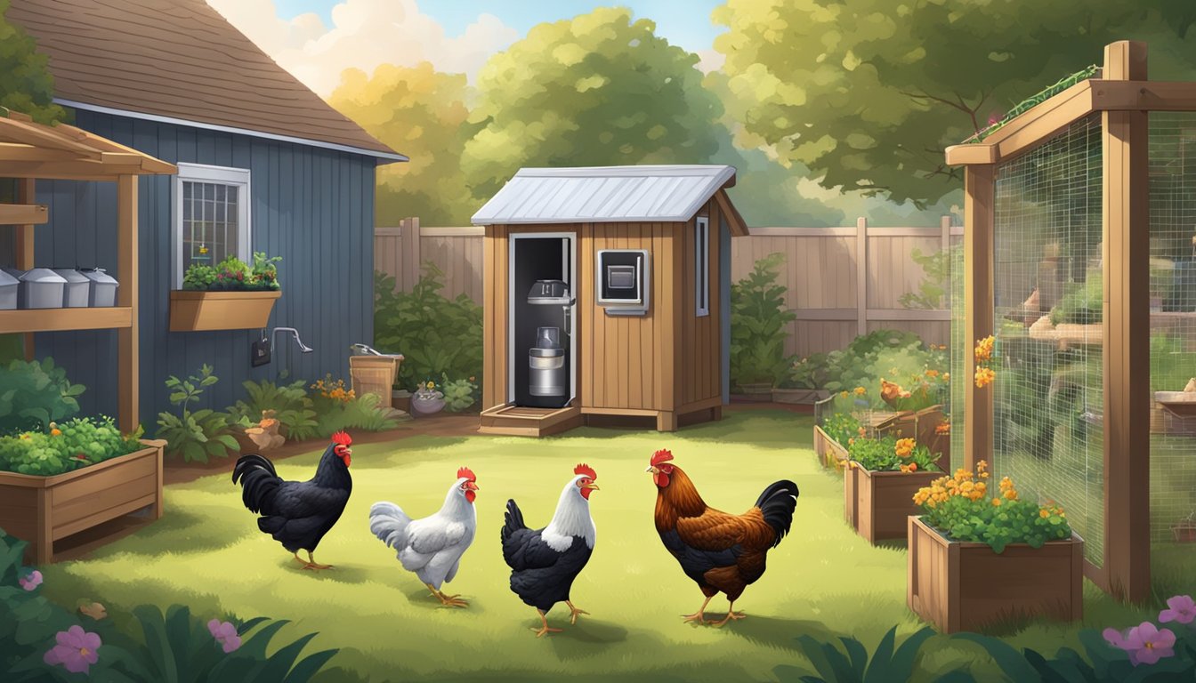 A backyard with a clean, spacious coop and a water dispenser surrounded by healthy, active urban chickens