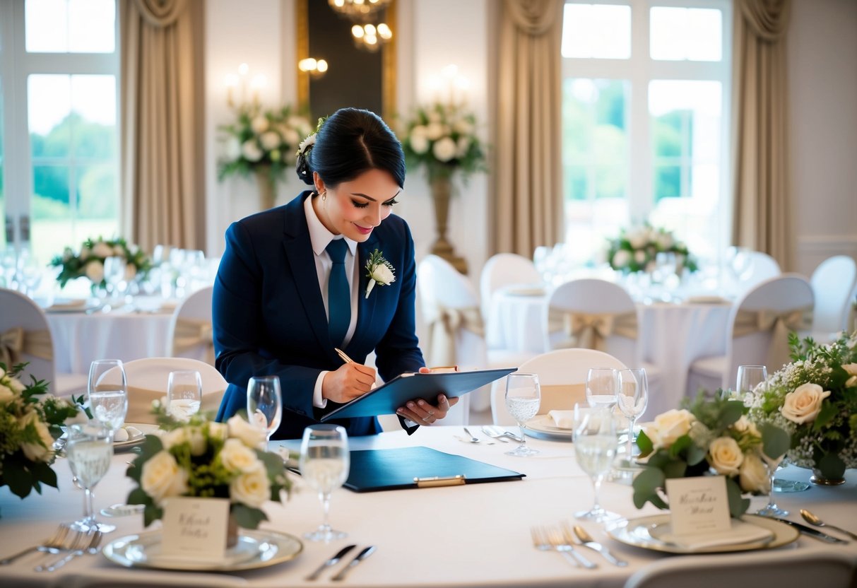 A wedding planner sits at the top table, surrounded by floral centerpieces and elegant place settings. They consult a timeline and make notes on a clipboard