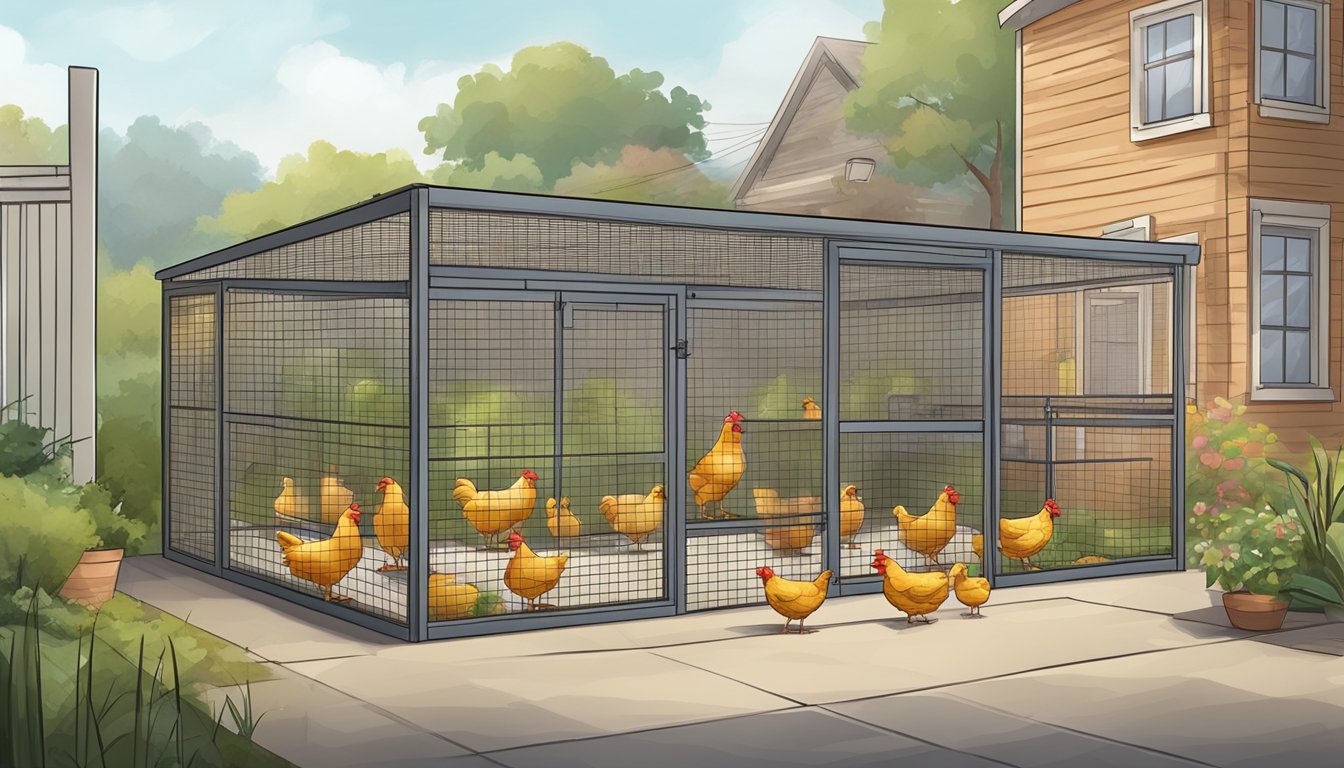 A spacious urban chicken coop with 10 visible healthy chicken care tips