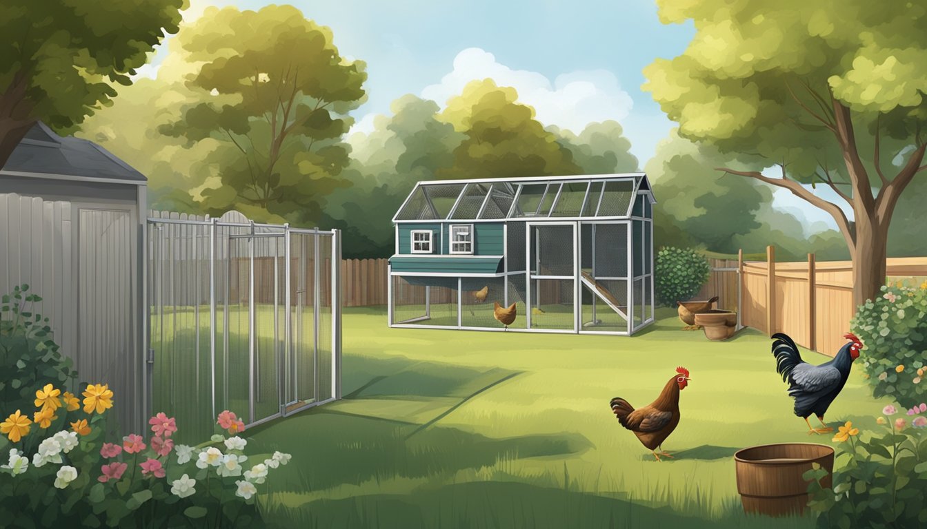 A suburban backyard with a small chicken coop, a fenced area for the chickens to roam, and various supplies such as feeders and waterers