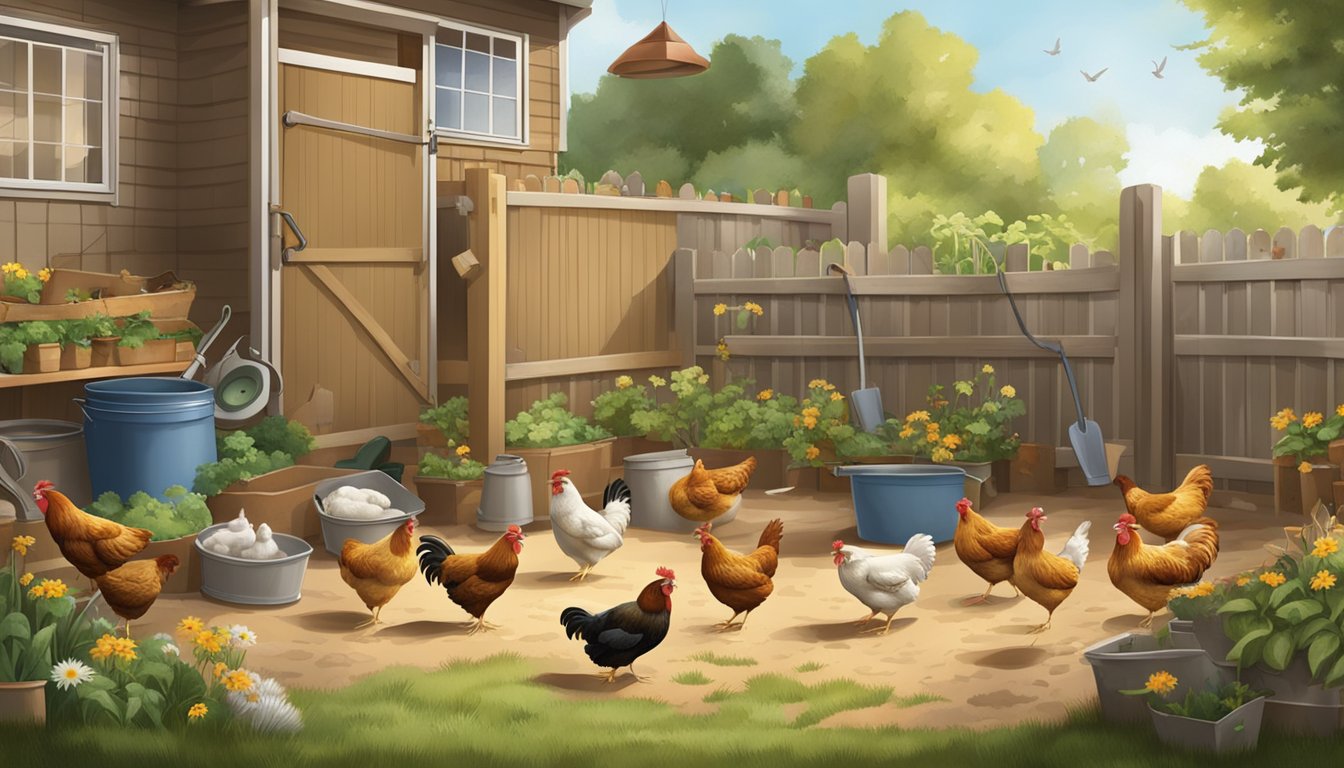 Chickens dust bathing in a suburban backyard, surrounded by a coop and various gardening tools