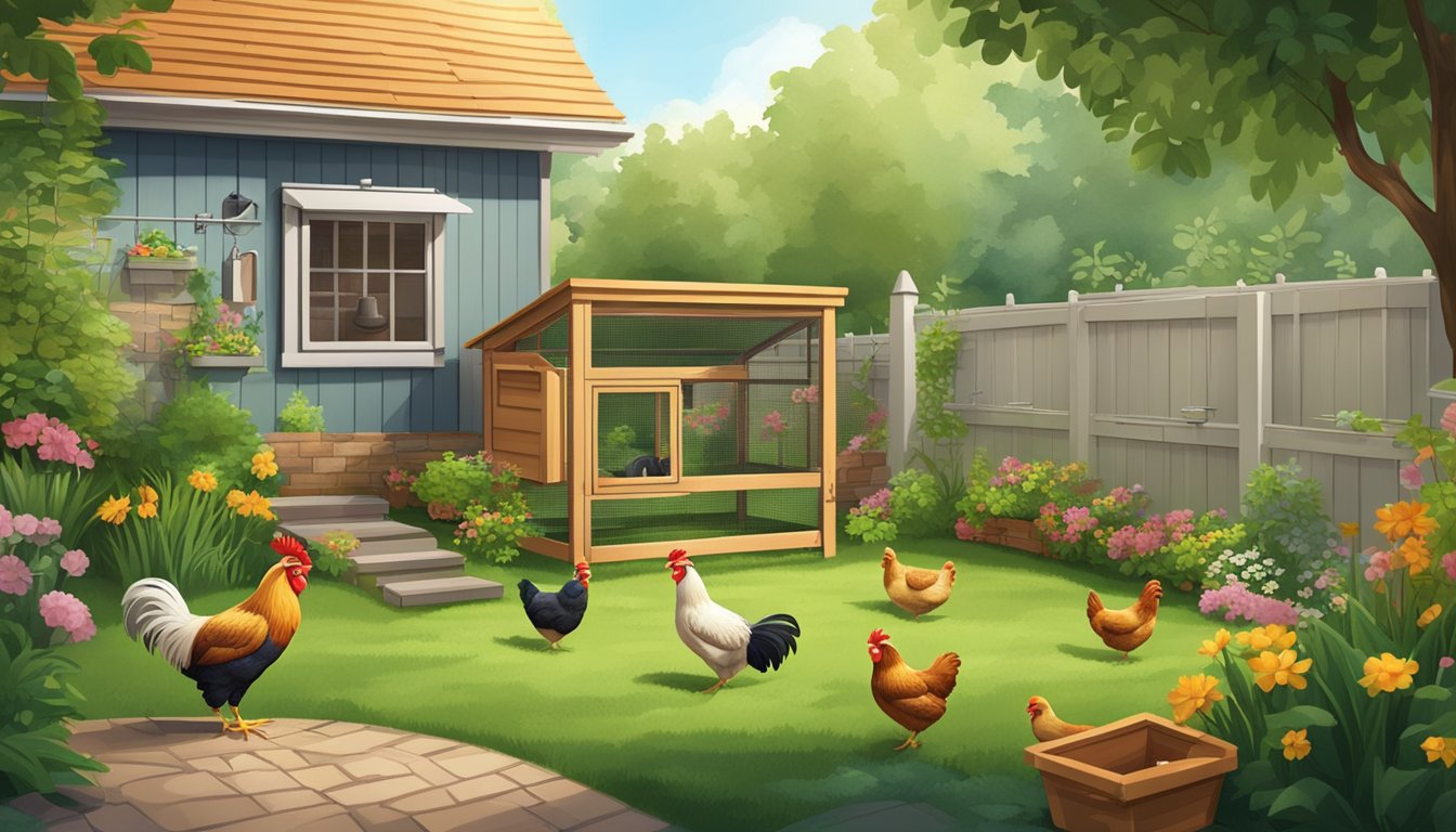 A suburban backyard with a small chicken coop surrounded by lush greenery, with a balanced chicken feed dispenser and various tools for raising chickens scattered around