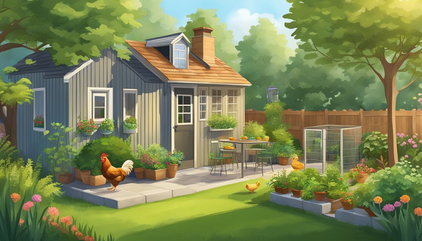 A backyard with a coop and urban setting, surrounded by healthy greenery and a variety of seasonal plants. Chickens roam freely in a clean, well-maintained environment