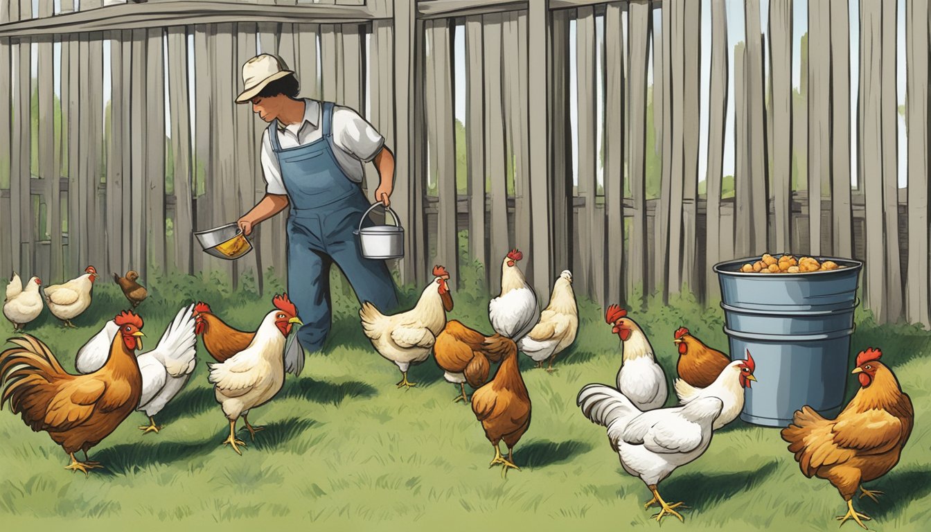 Chickens pecking at food in a fenced yard, following a person with a bucket