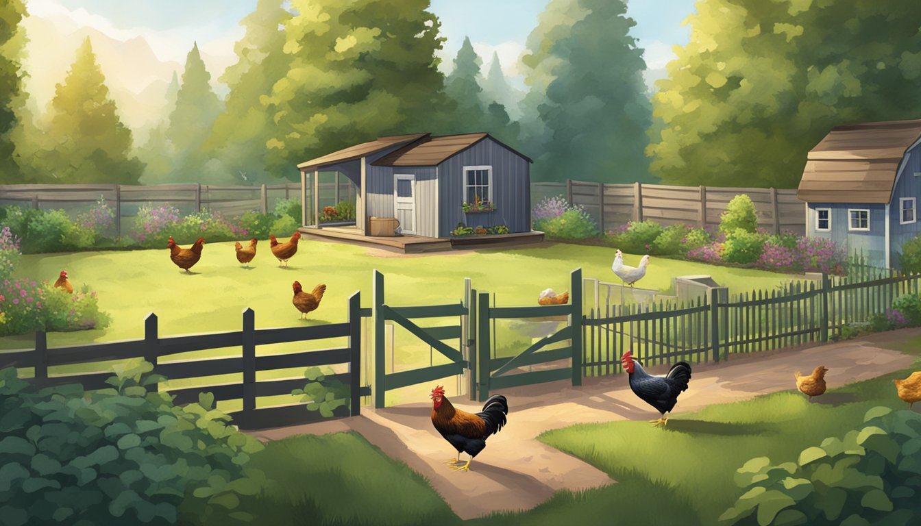 A small backyard with a coop, feeders, and waterers surrounded by greenery and a fence. Chickens pecking at the ground