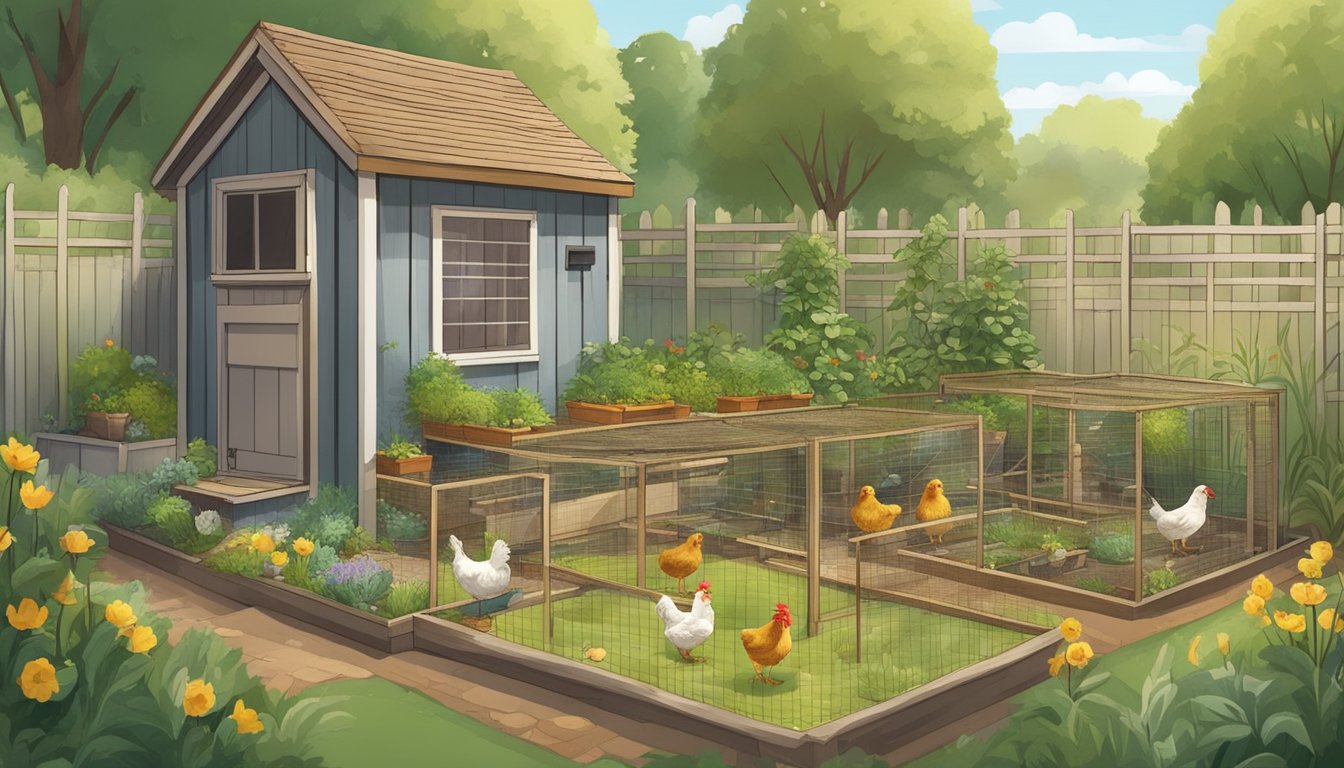 A backyard with a small urban chicken coop, surrounded by a garden. A figure collects eggs while chickens peck at the ground