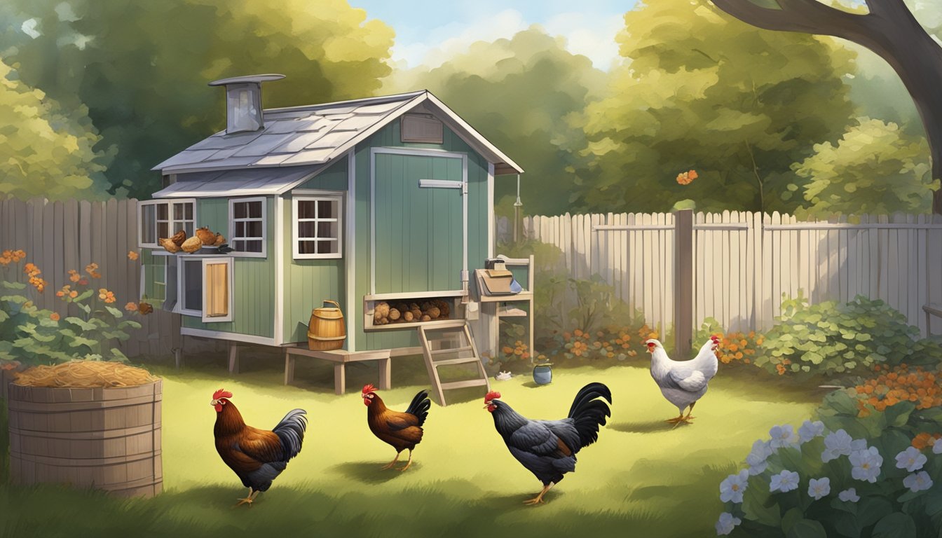 A backyard scene with a small chicken coop, a feeding station, a water dispenser, and a few chickens roaming around