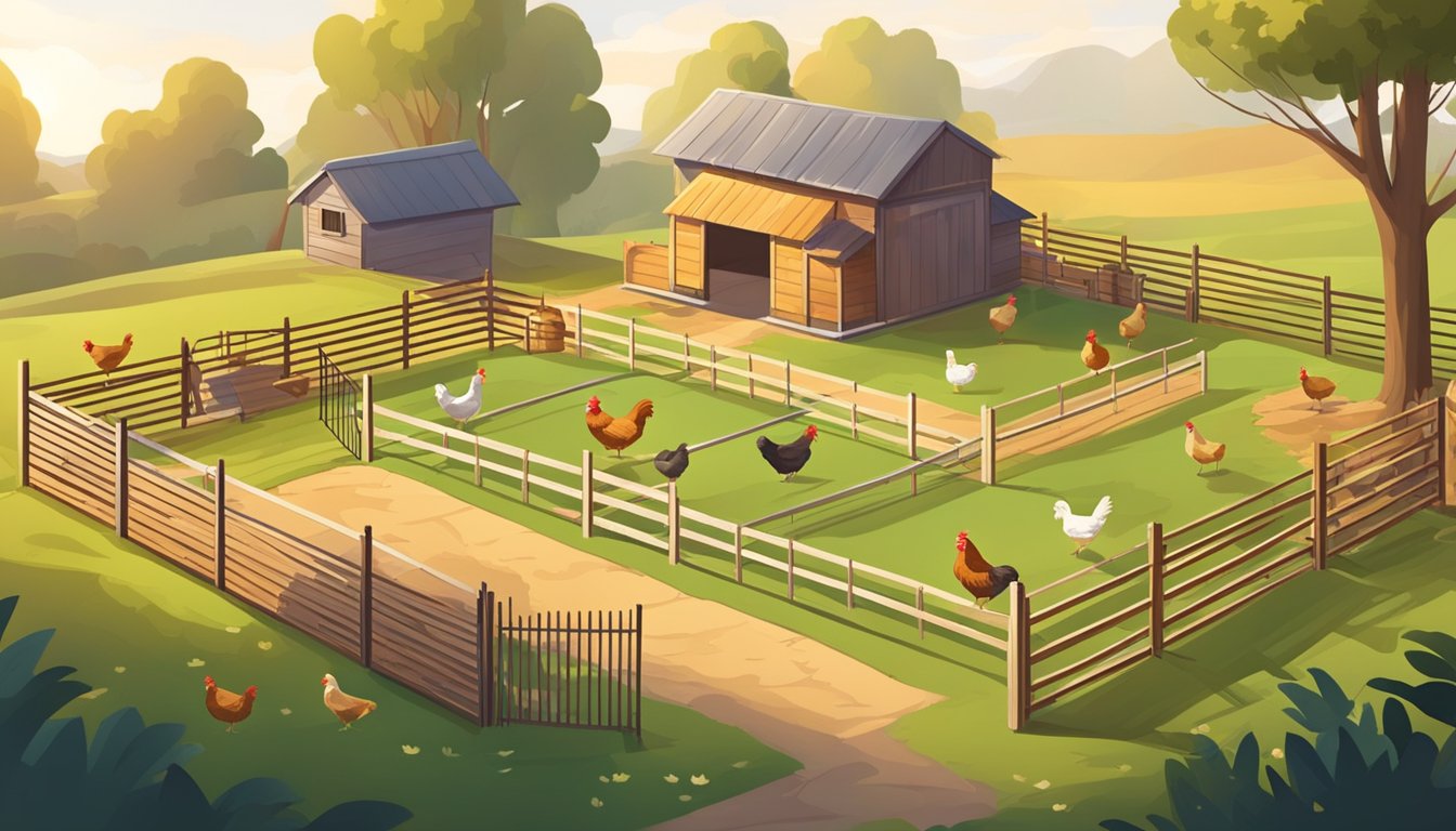 A spacious, fenced-in yard with a variety of obstacles and perches for chickens to train on. Bright, natural lighting and a calm, quiet atmosphere