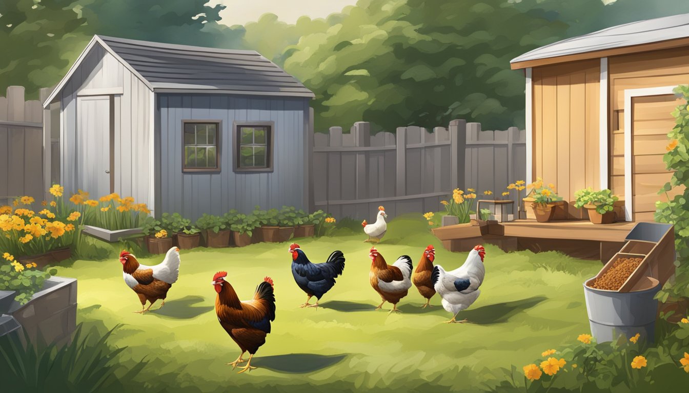 A backyard with a small coop, a feeding station, clean water, and healthy, active chickens roaming freely