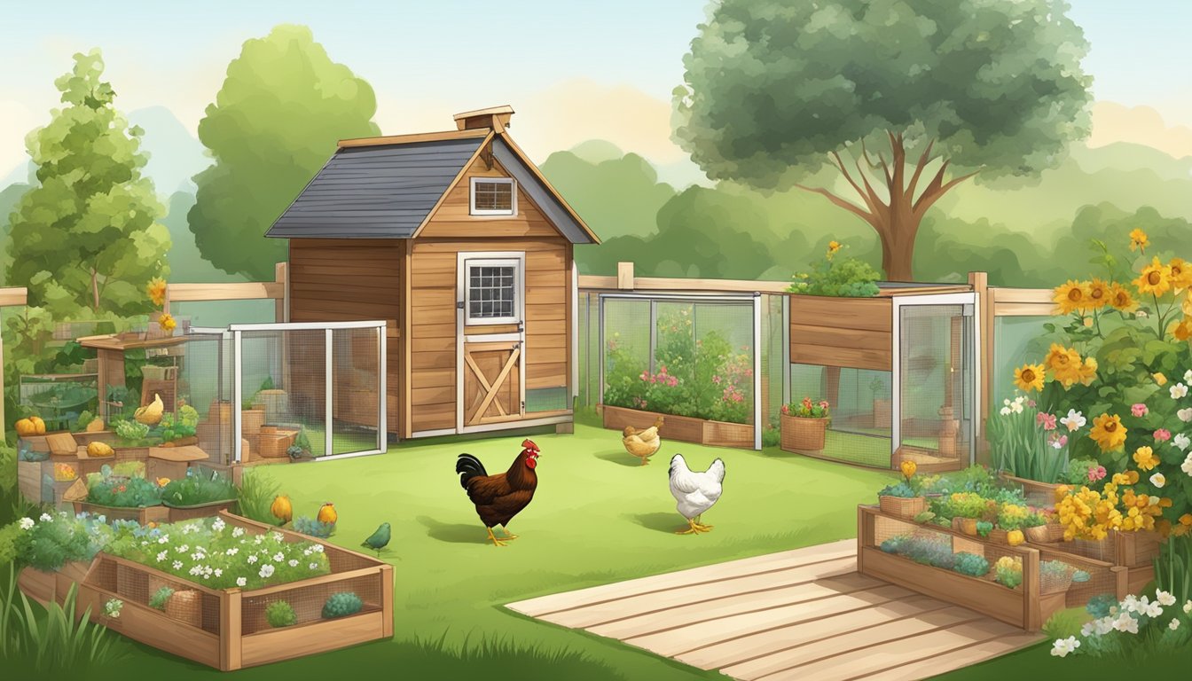 A backyard with a small chicken coop, garden, and a schedule board for egg collection